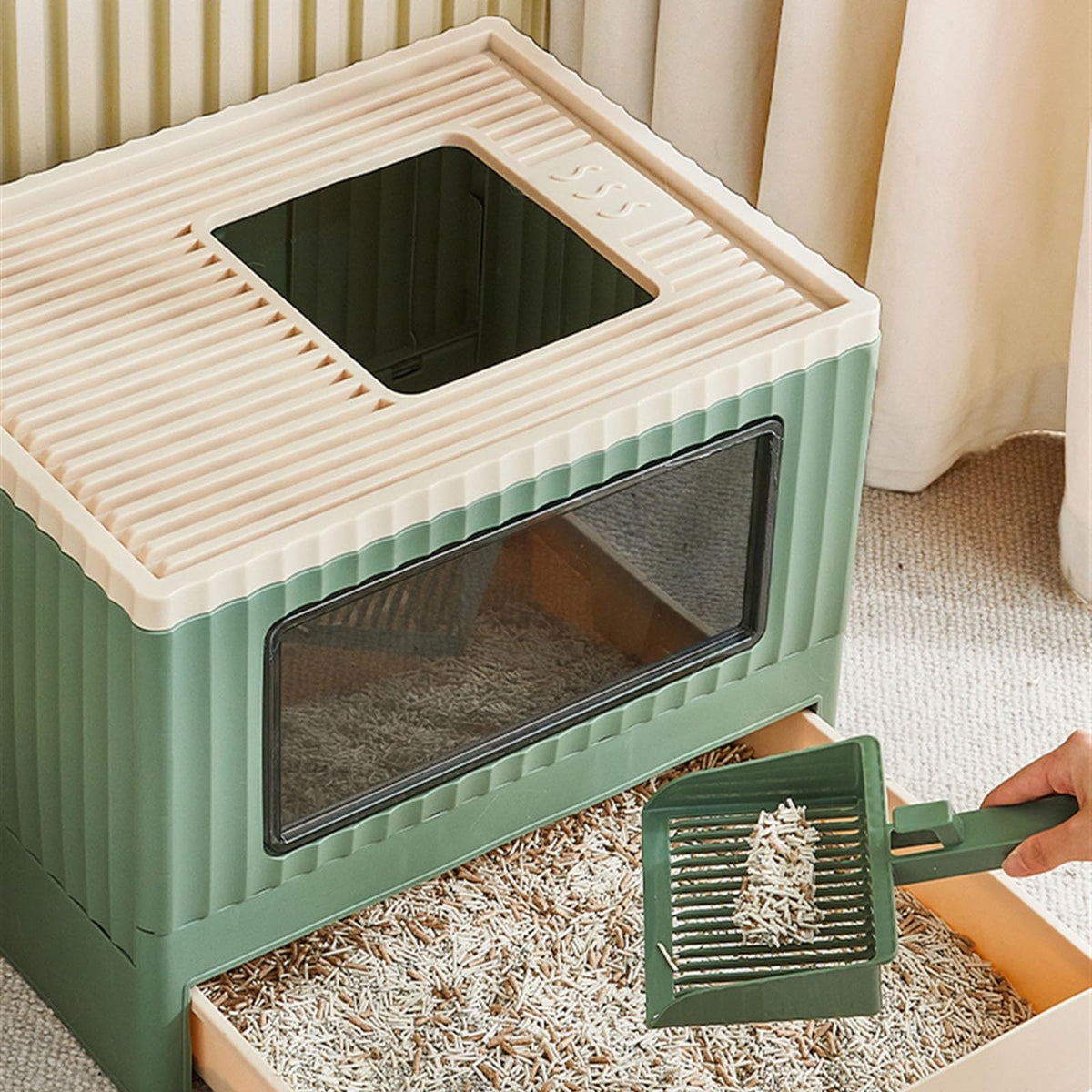 Top Entry Cat Litter Box with Lid Foldable Green U1988