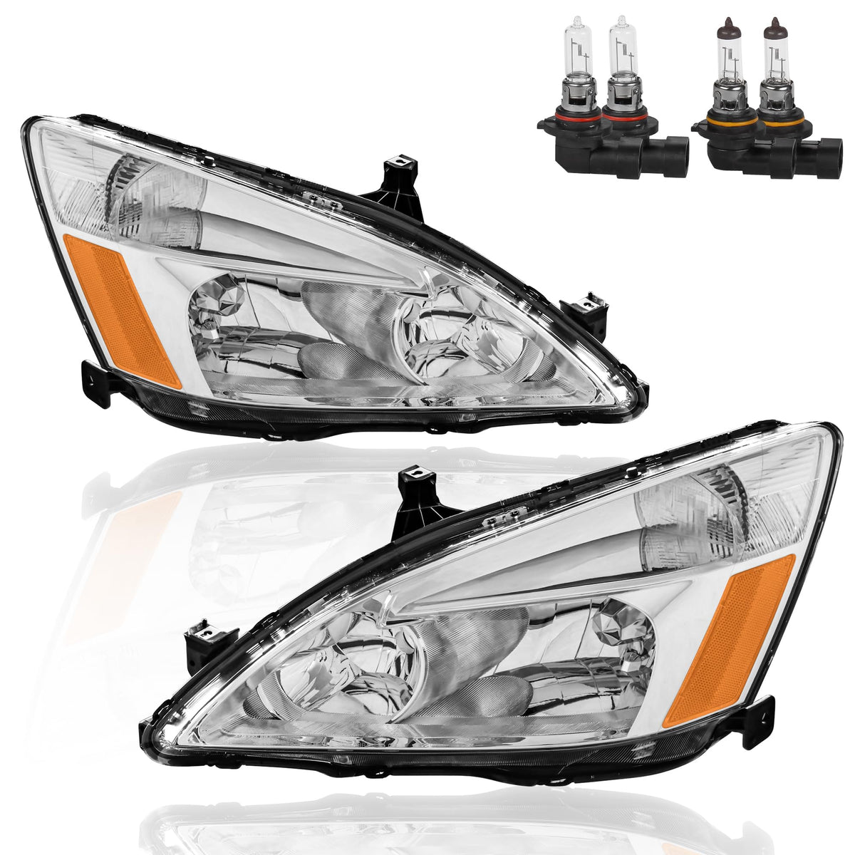 Headlights Assembly Replacement with Clear Lens Chrome Housing Amber Reflector Front Lamps Set of 2 V9232