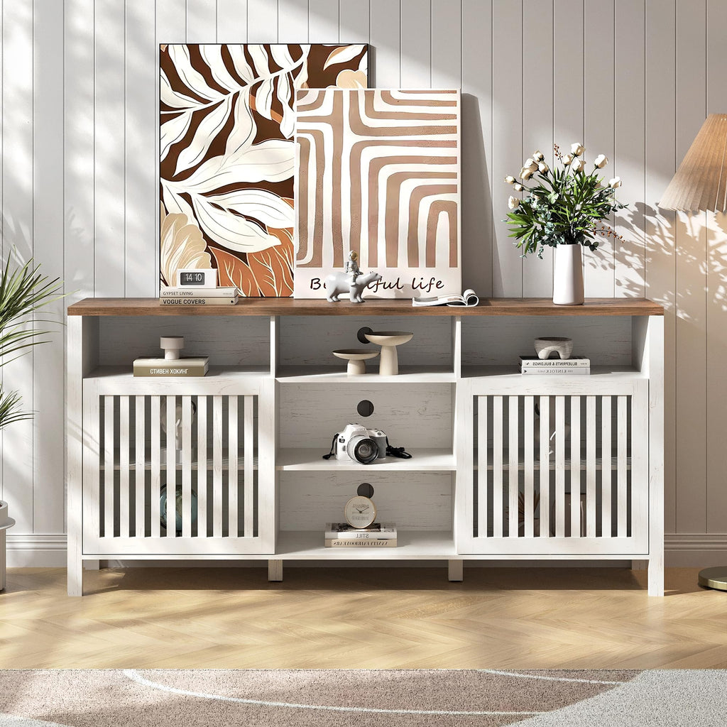 White TV Stand with Grille Doors and Adjustable Shelves J92101