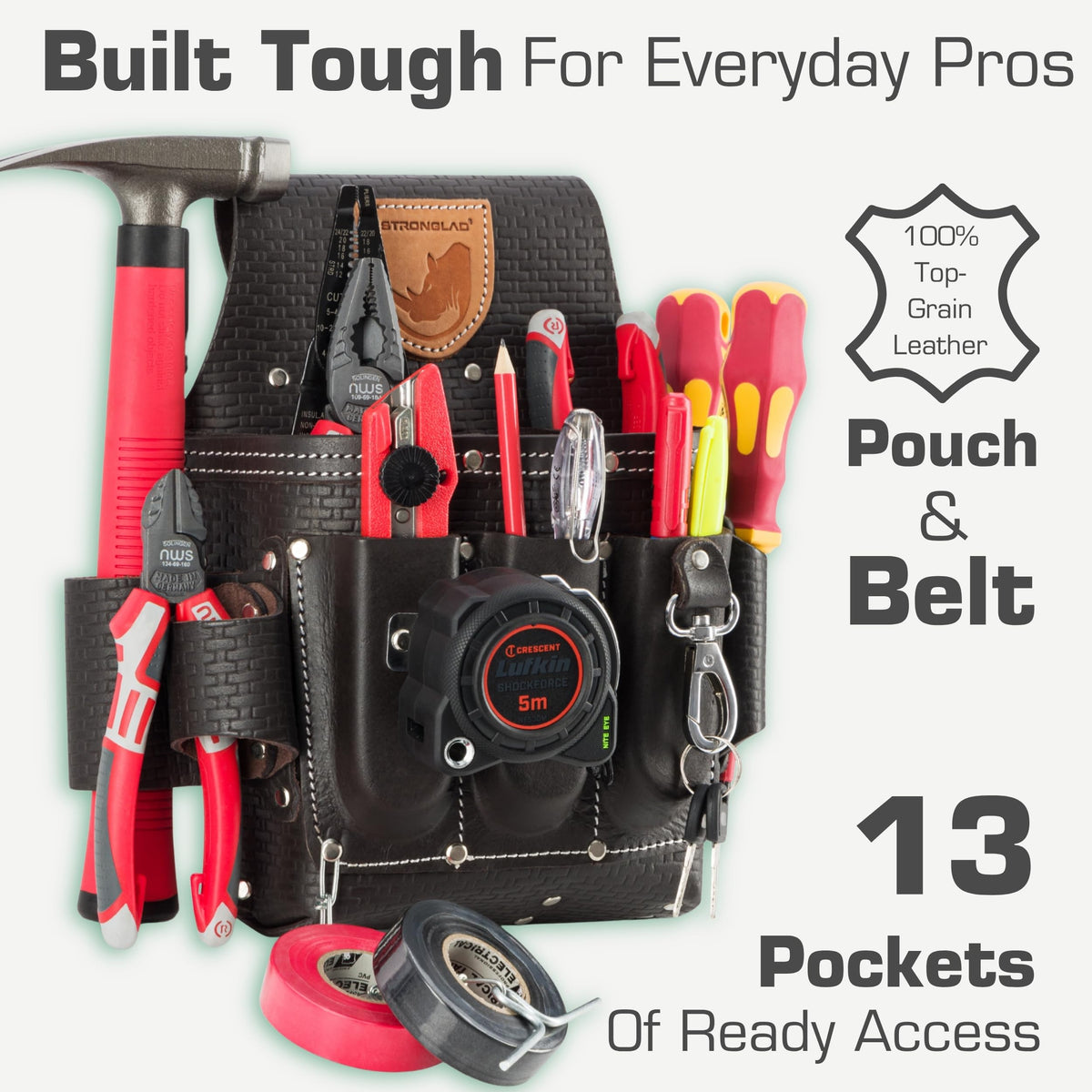 Heavy Duty 13-Pocket Top Grain Leather Tool Belt O2952