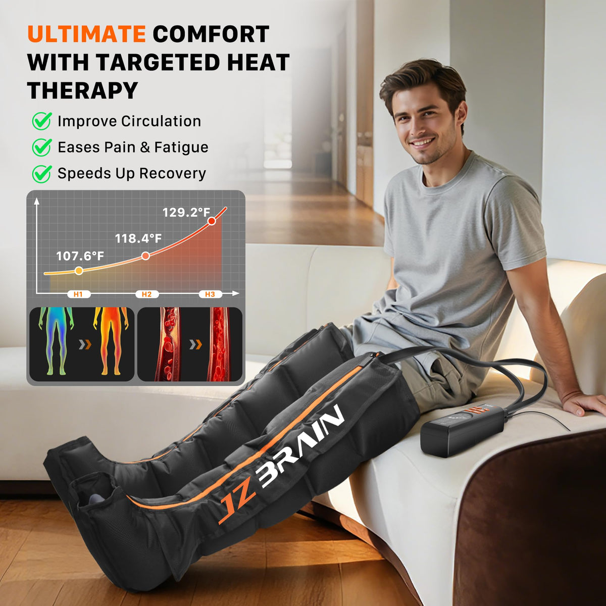 Air Compression Boots Leg Massager with Heat, 6 Modes & 11 Intensities (Large) I2537