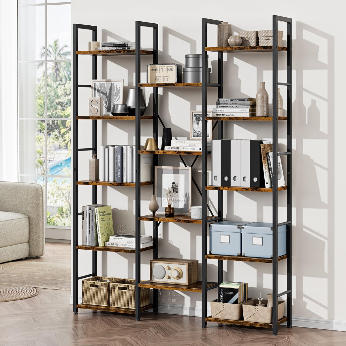 5 Tier Rustic Wood & Metal Bookshelf C183126