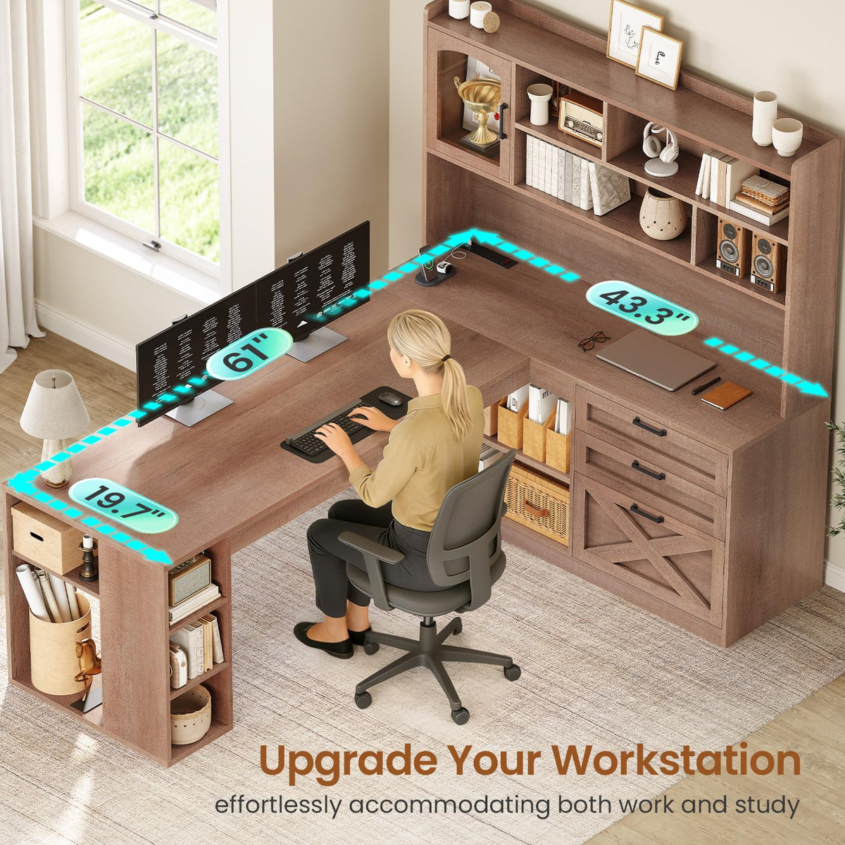 61" L Shaped Office Desk with Drawers and Storage B422