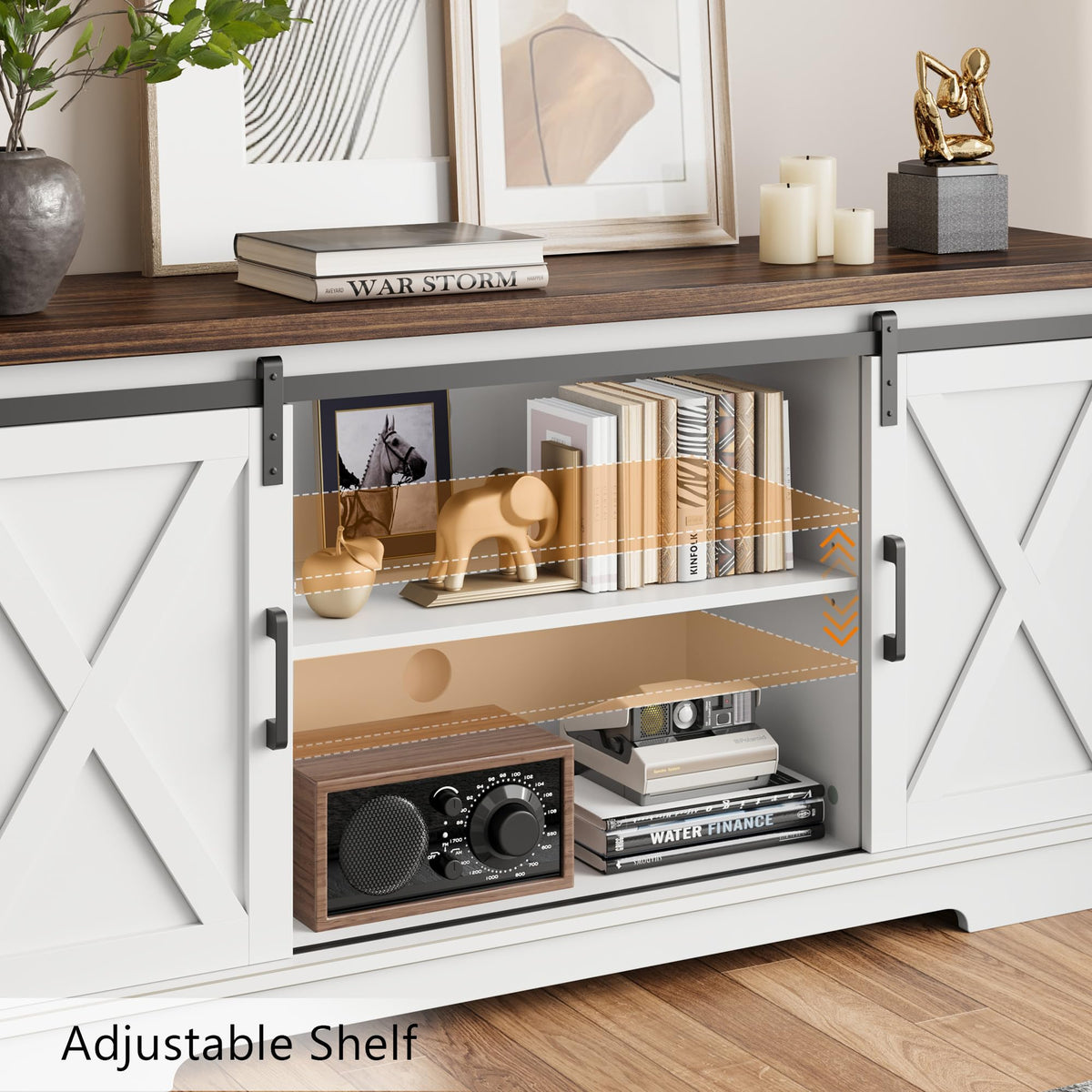 White Farmhouse TV Stand with Sliding Barn Doors and Adjustable Shelf P477