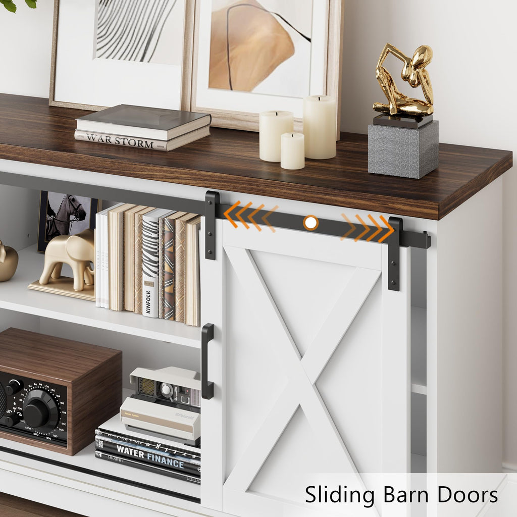 White Farmhouse TV Stand with Sliding Barn Doors and Adjustable Shelf P477