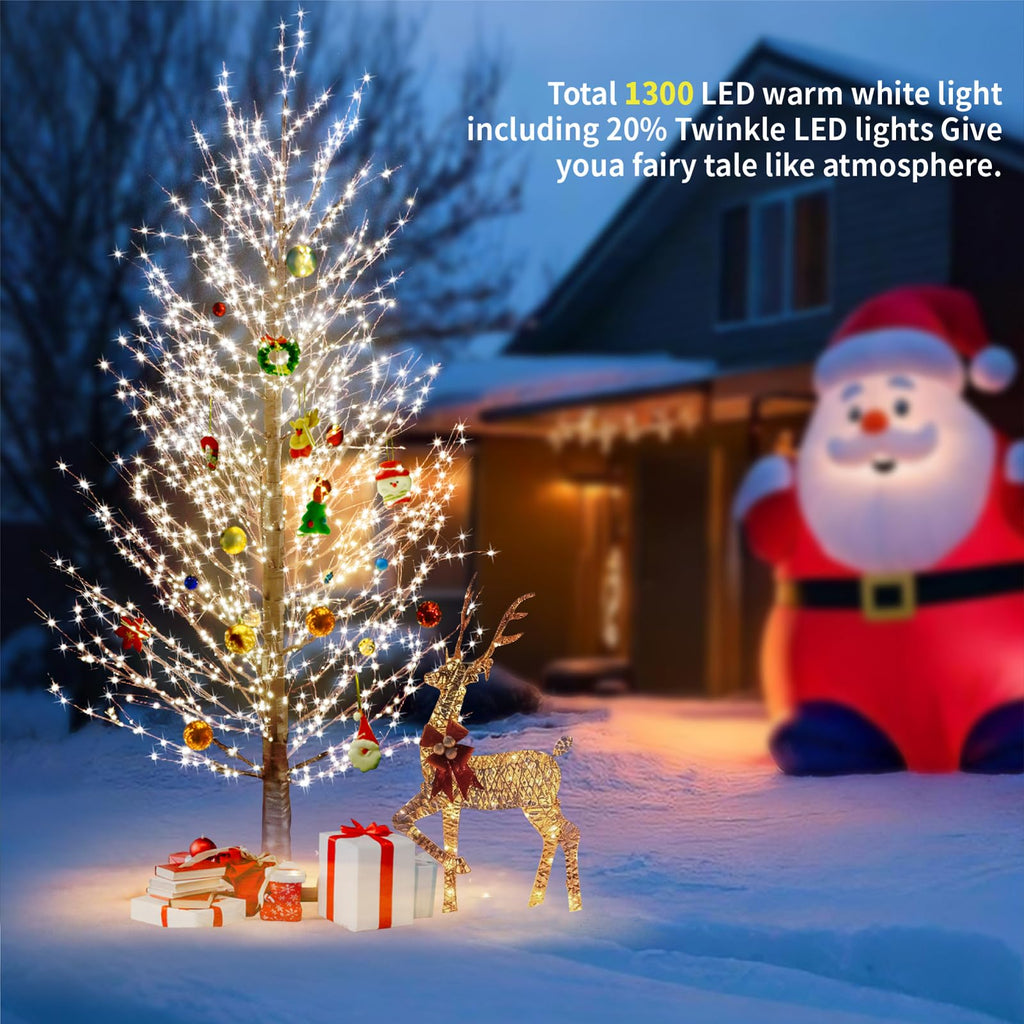 6FT Brown Lighted Birch Tree 1300LEDs Warm White Lights R3513