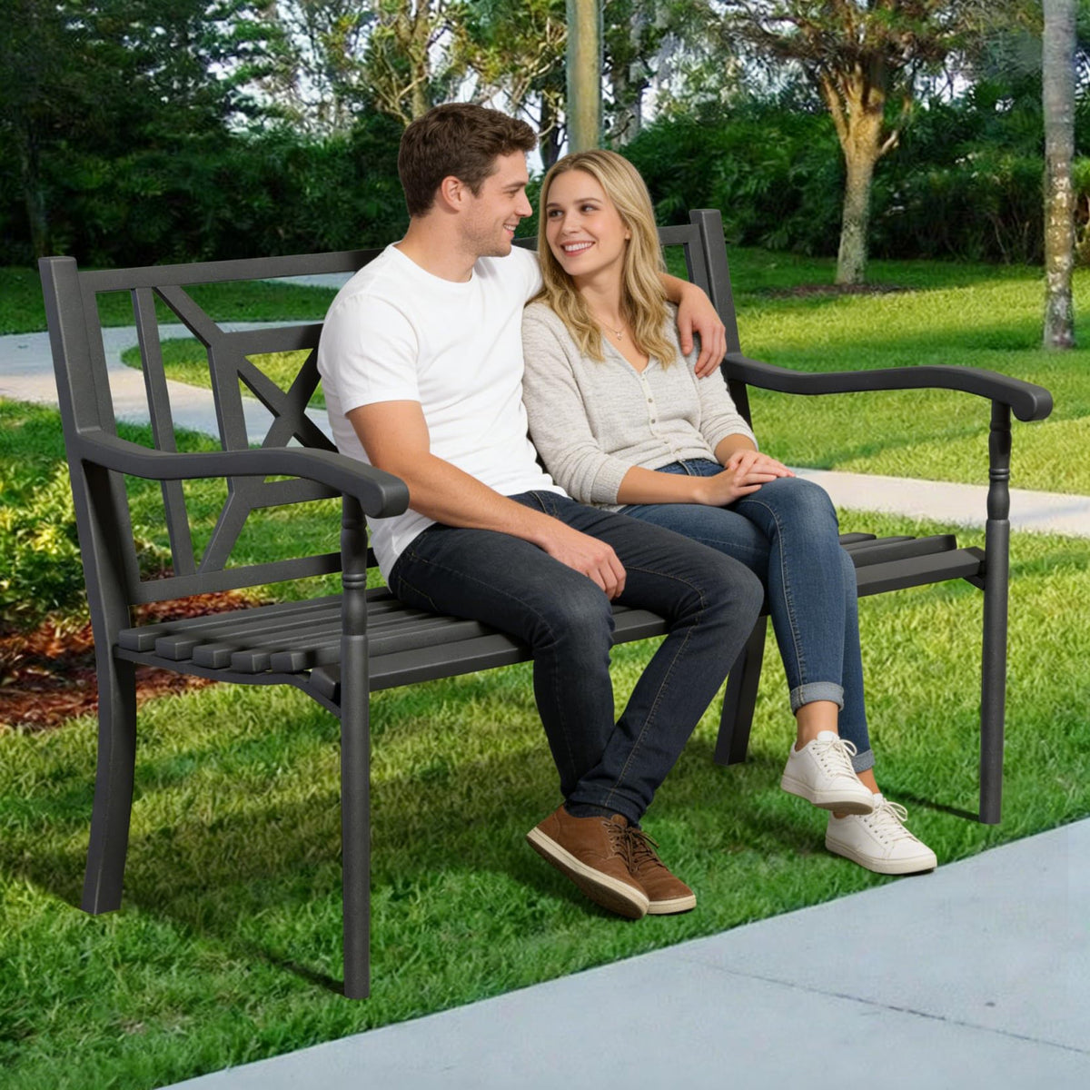 50.5" Metal Patio Bench with Lattice Backrest H90493