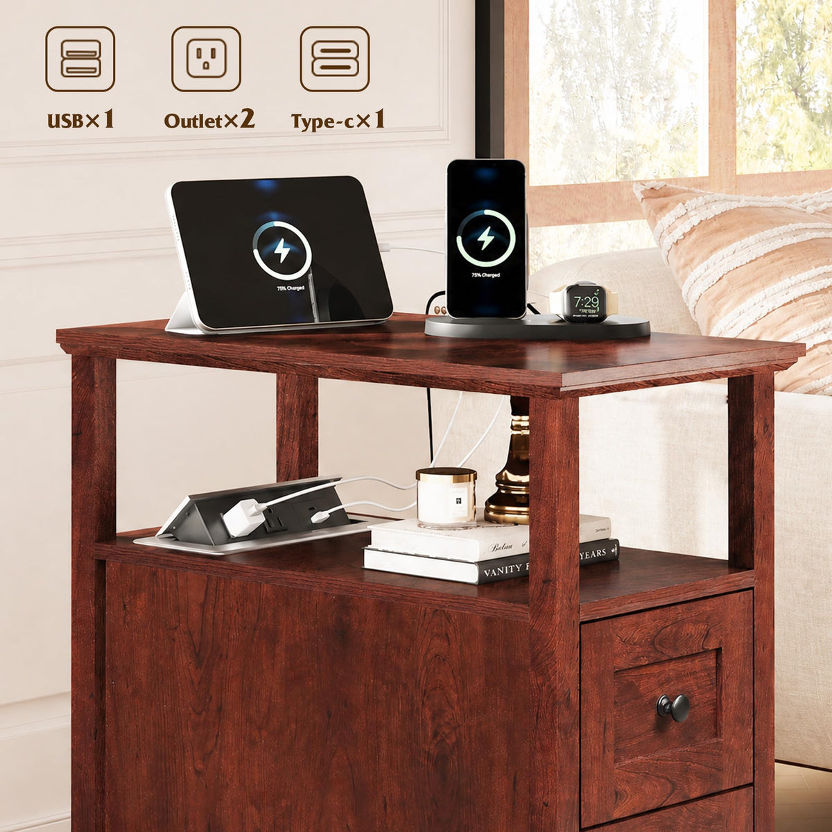 End Table with Charging Station & 2 Drawers V201