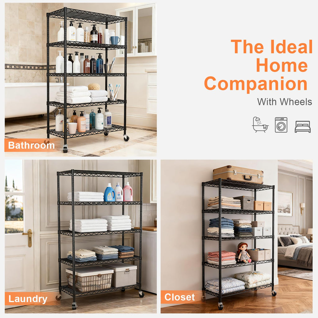 5-Tier Heavy Duty Metal Shelving Unit on Lockable Wheels W2372