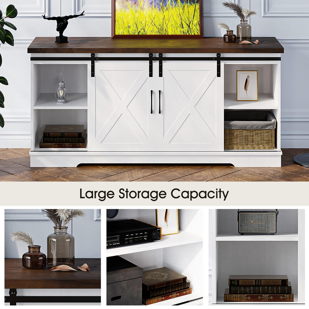 White Farmhouse TV Stand with Sliding Barn Doors and Adjustable Shelf P477