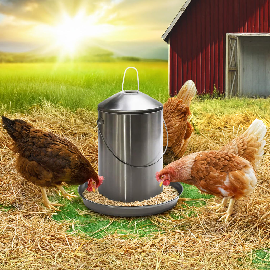 6.6 Lb Stainless Steel Hanging Poultry Feeder with 10 Gallon Storage Bucket C70713