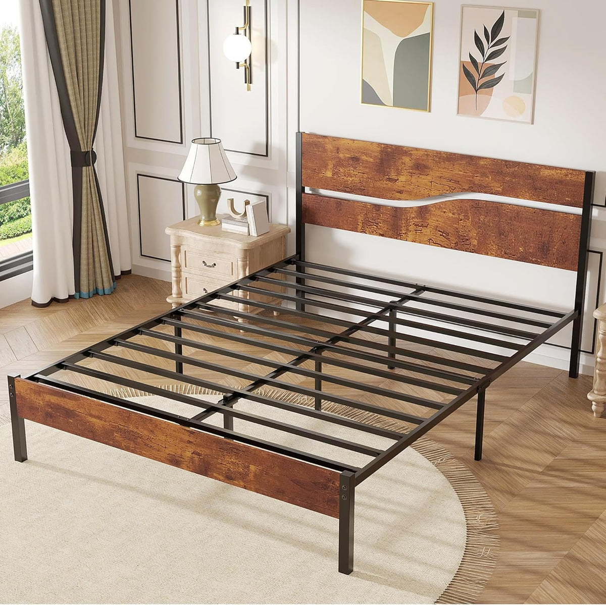 Full Size Metal Platform Bed with Wooden Headboard and Footboard R84149