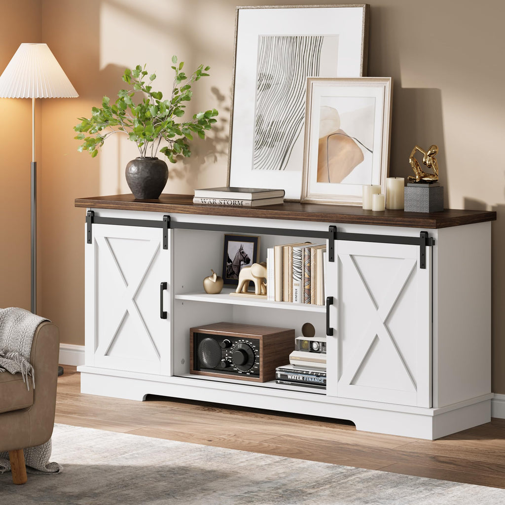 White Farmhouse TV Stand with Sliding Barn Doors and Adjustable Shelf P477