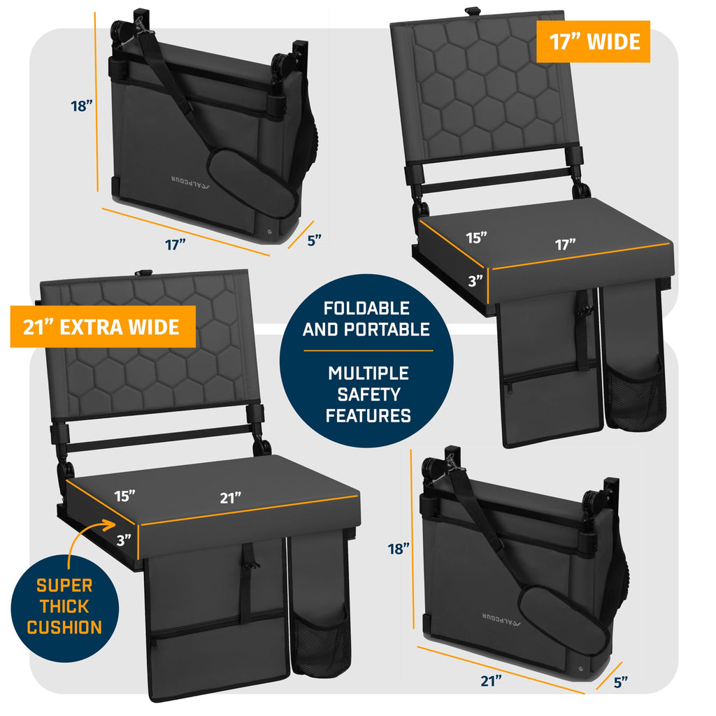 Extra Wide Folding Reclining Stadium Seat with Cup Holder and Storage Pockets P454