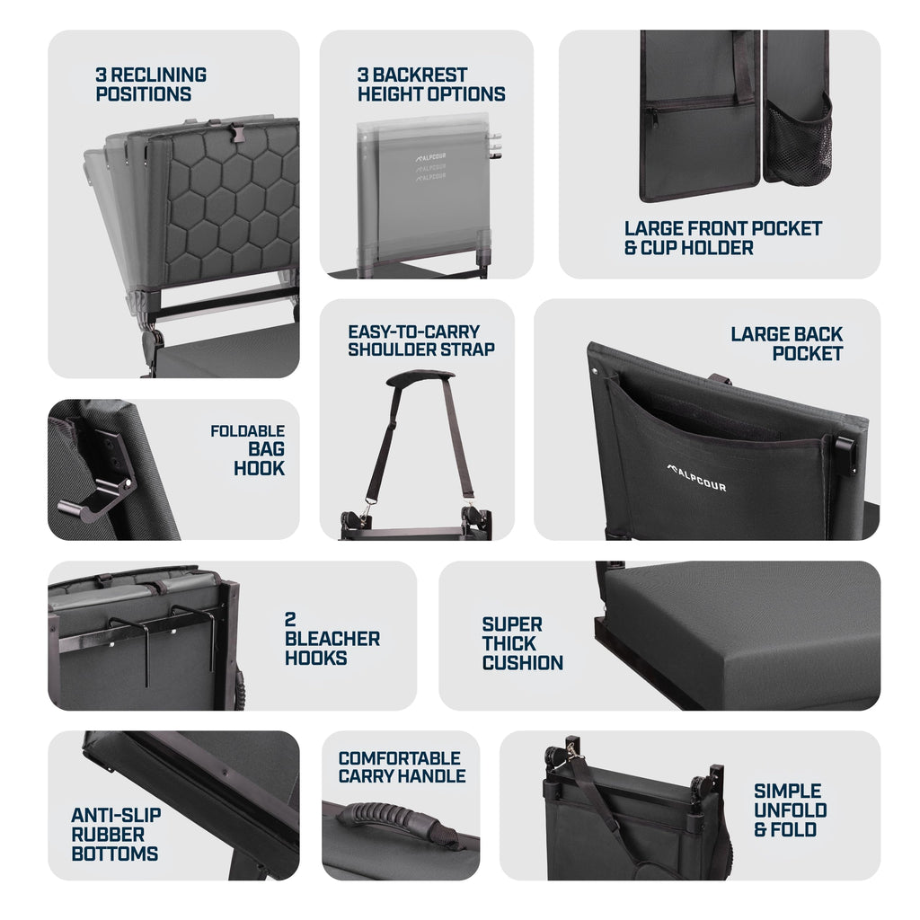 Extra Wide Folding Reclining Stadium Seat with Cup Holder and Storage Pockets P454