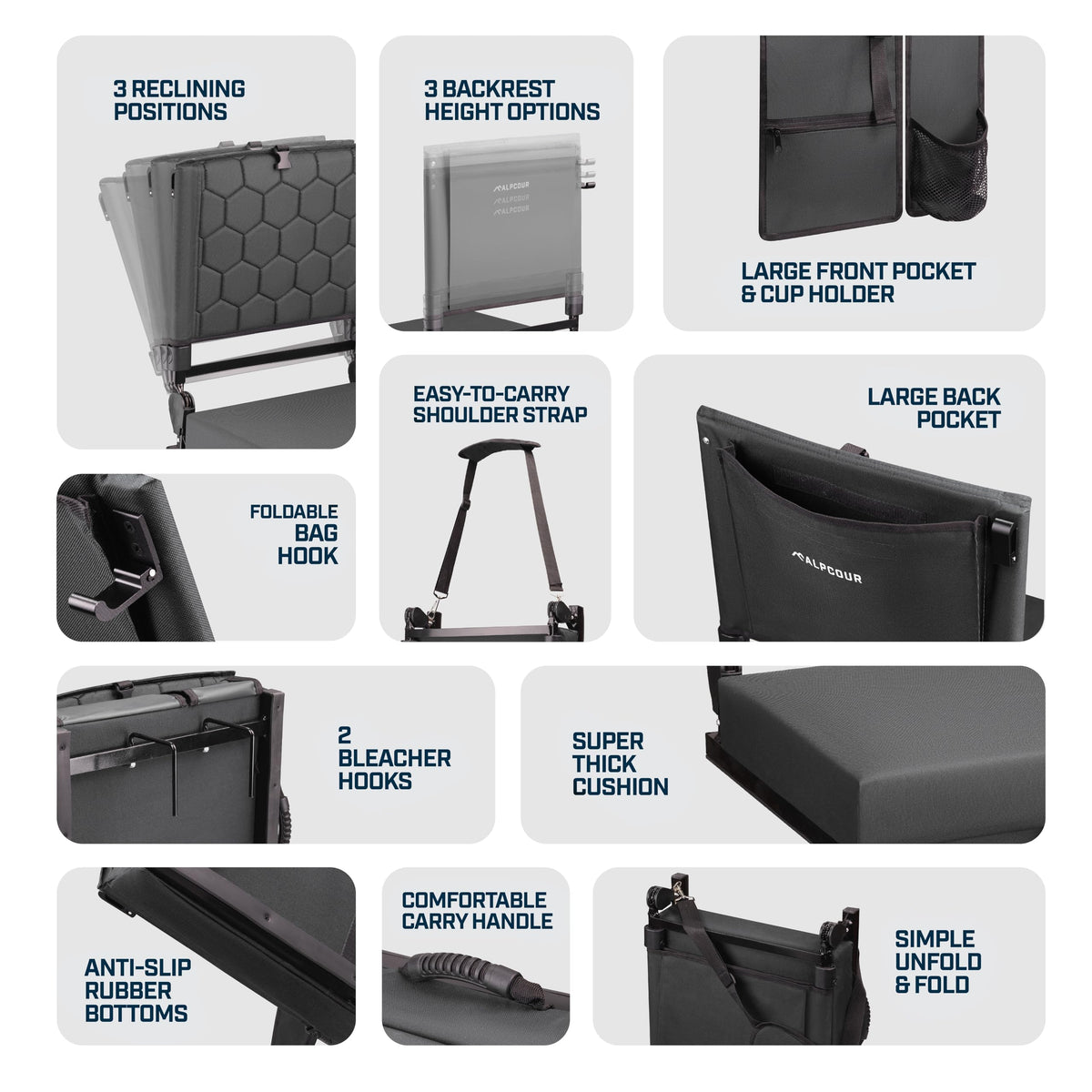Extra Wide Folding Reclining Stadium Seat with Cup Holder and Storage Pockets P454