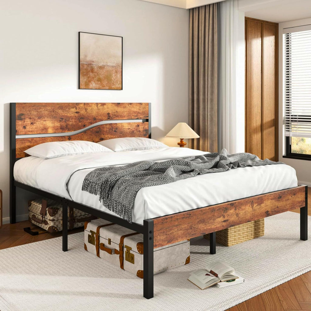 Full Size Metal Platform Bed with Wooden Headboard and Footboard R84149