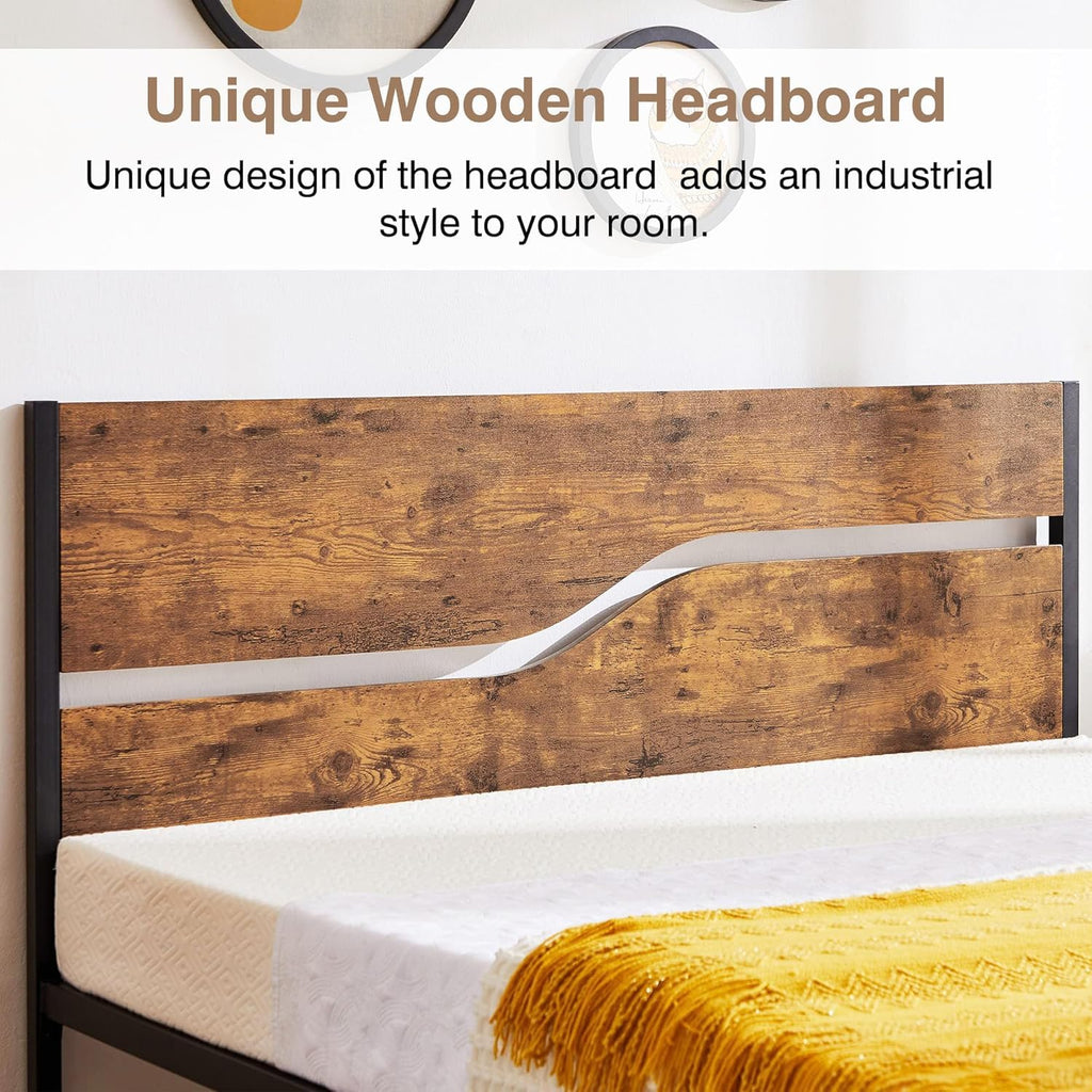 Full Size Metal Platform Bed with Wooden Headboard and Footboard R84149