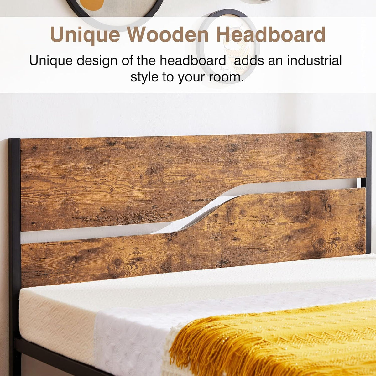 Full Size Metal Platform Bed with Wooden Headboard and Footboard R84149
