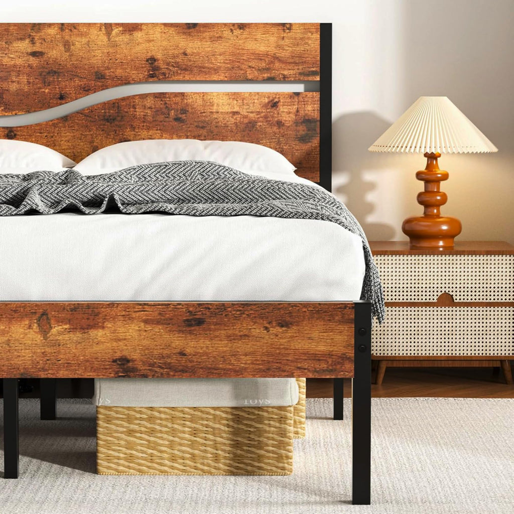 Full Size Metal Platform Bed with Wooden Headboard and Footboard R84149