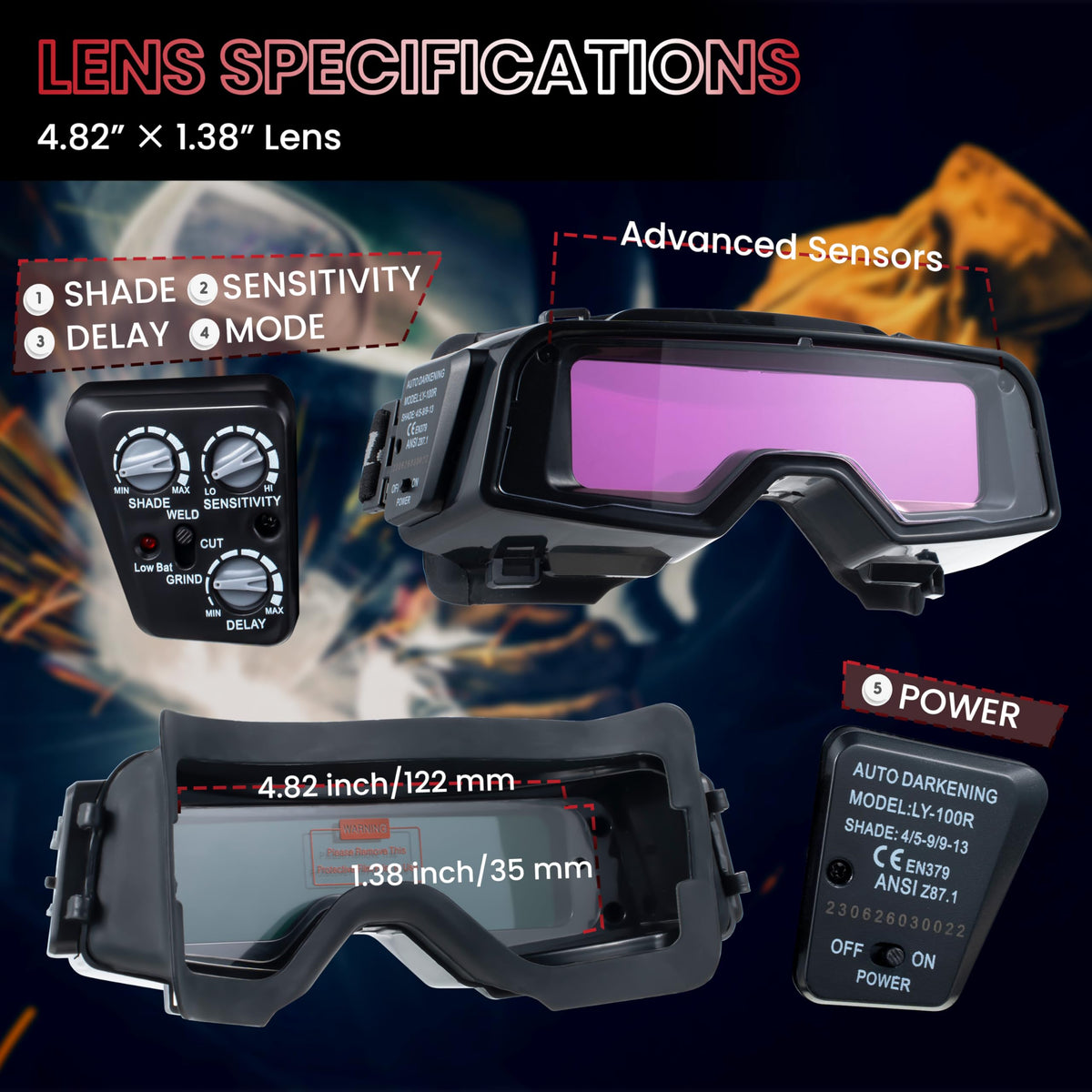 Auto Darkening Welding Goggles with Welder Mask and 10 Replacement Lenses G699376