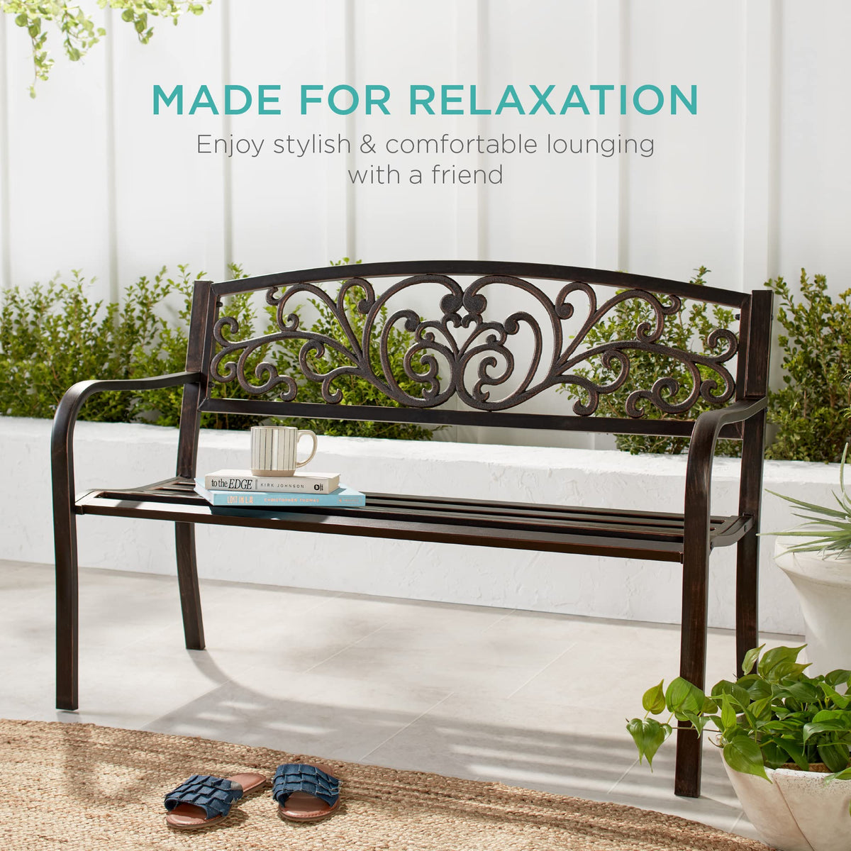 Black Steel Outdoor Bench with Floral Backrest R3304