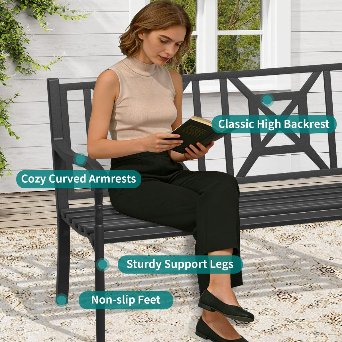 50.5" Metal Patio Bench with Lattice Backrest H90493