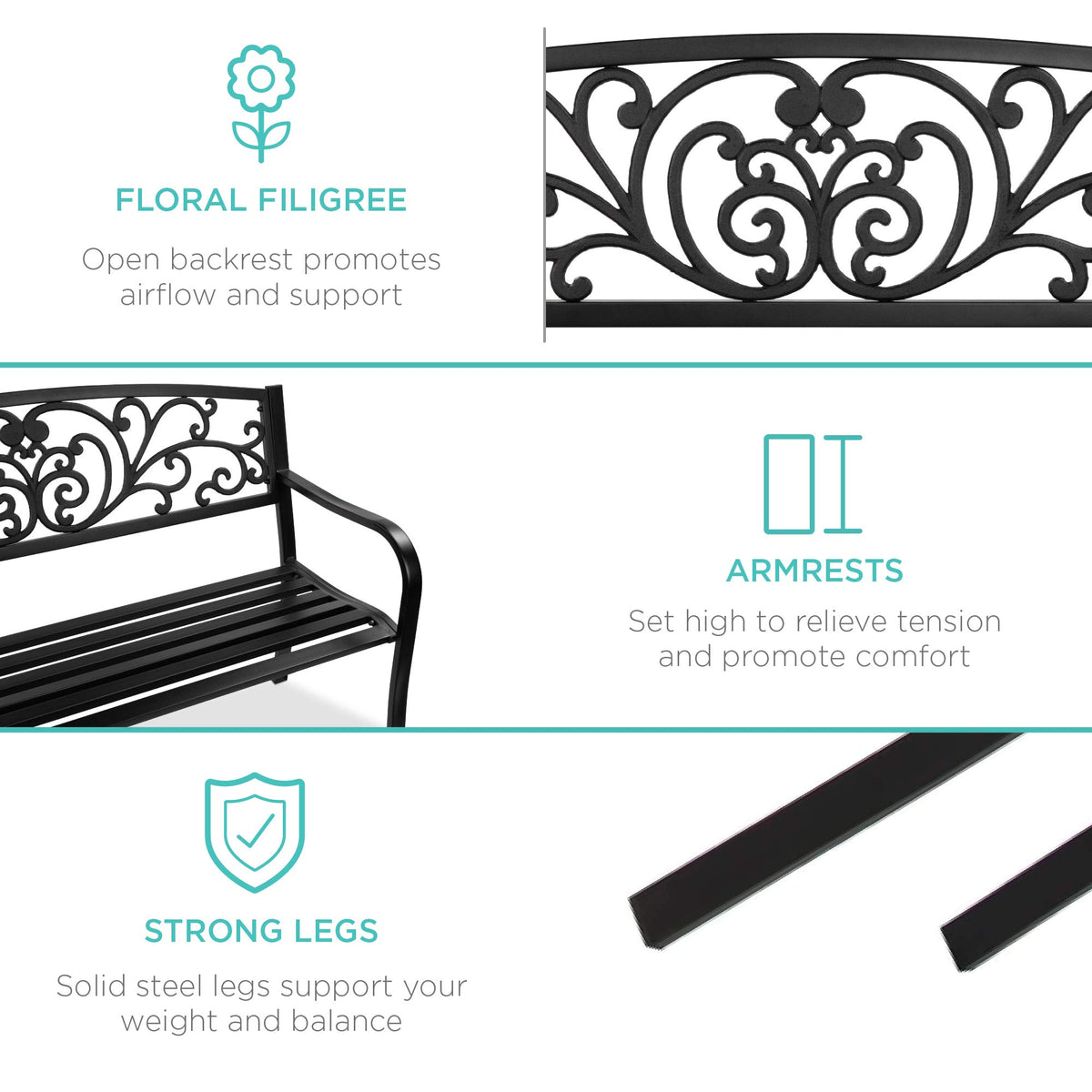 Black Steel Outdoor Bench with Floral Backrest R3304