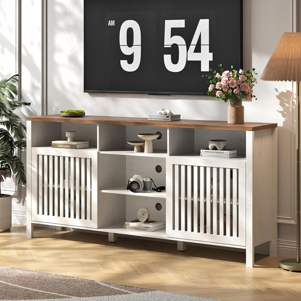 White TV Stand with Grille Doors and Adjustable Shelves J92101