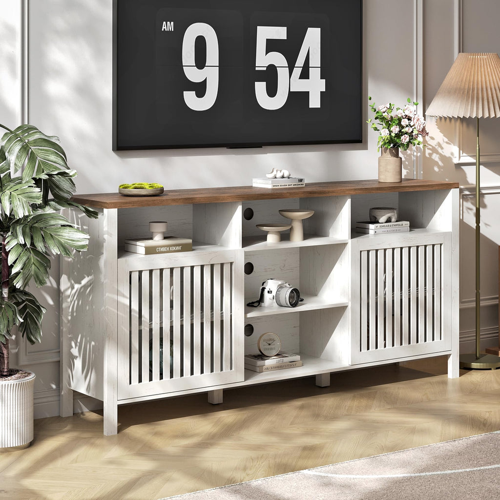 White TV Stand with Grille Doors and Adjustable Shelves J92101