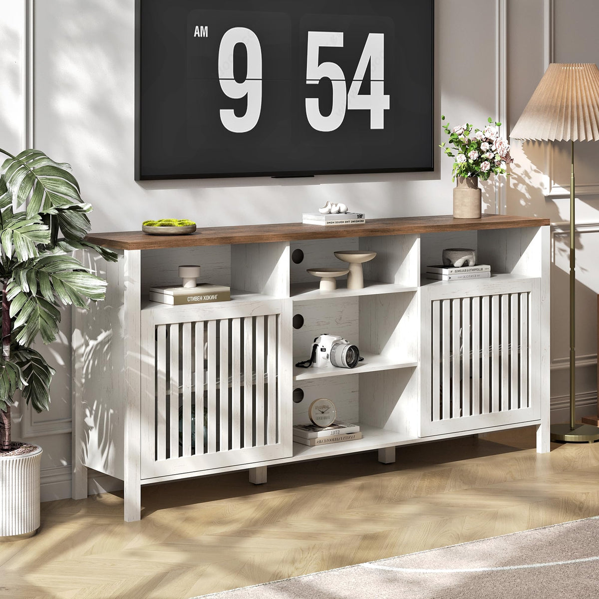 White TV Stand with Grille Doors and Adjustable Shelves J92101