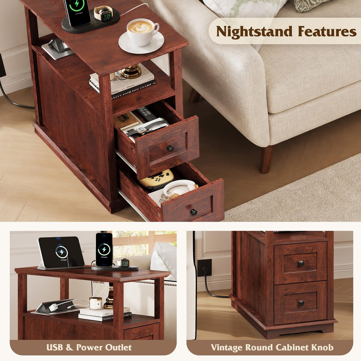 End Table with Charging Station & 2 Drawers V201