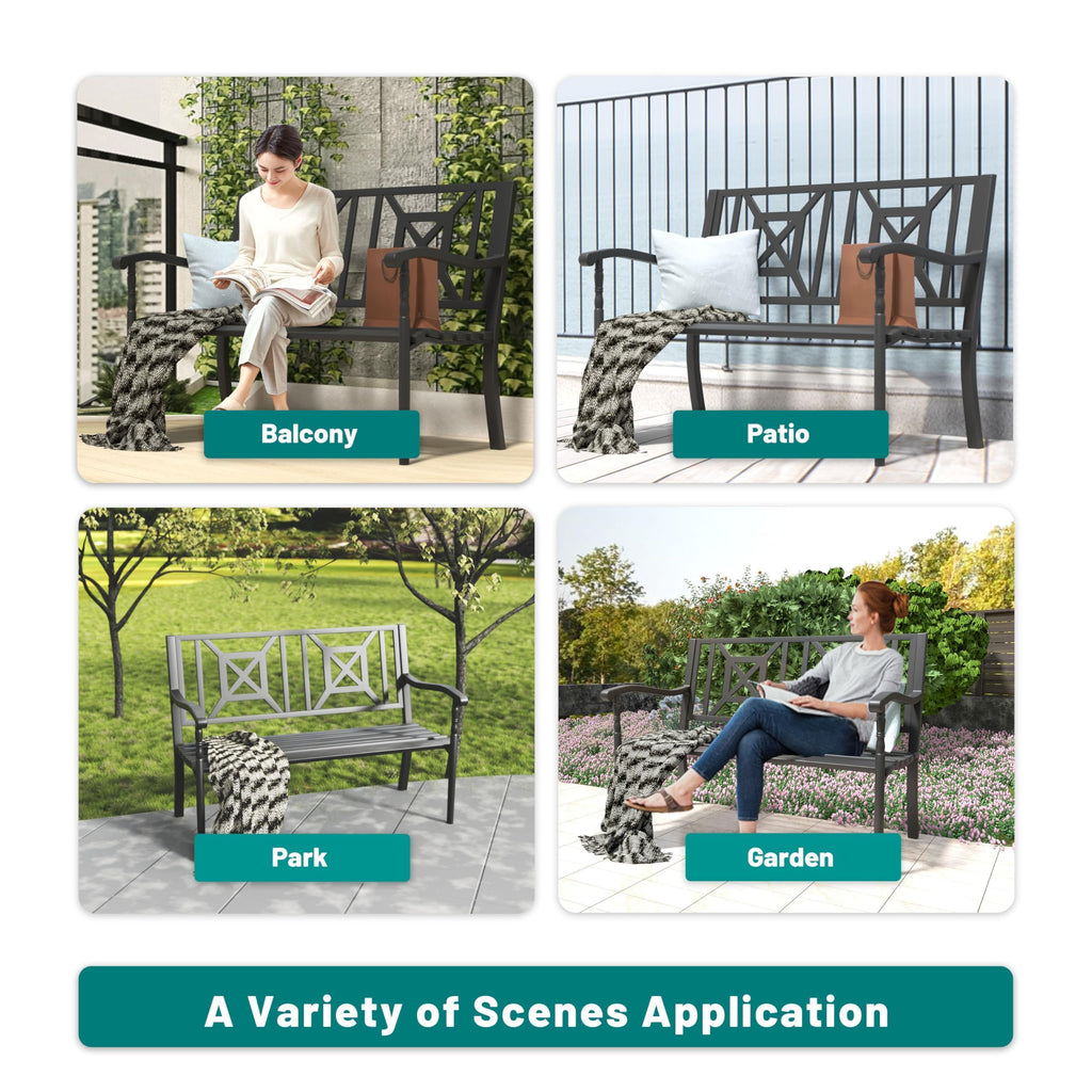 50.5" Metal Patio Bench with Lattice Backrest H90493