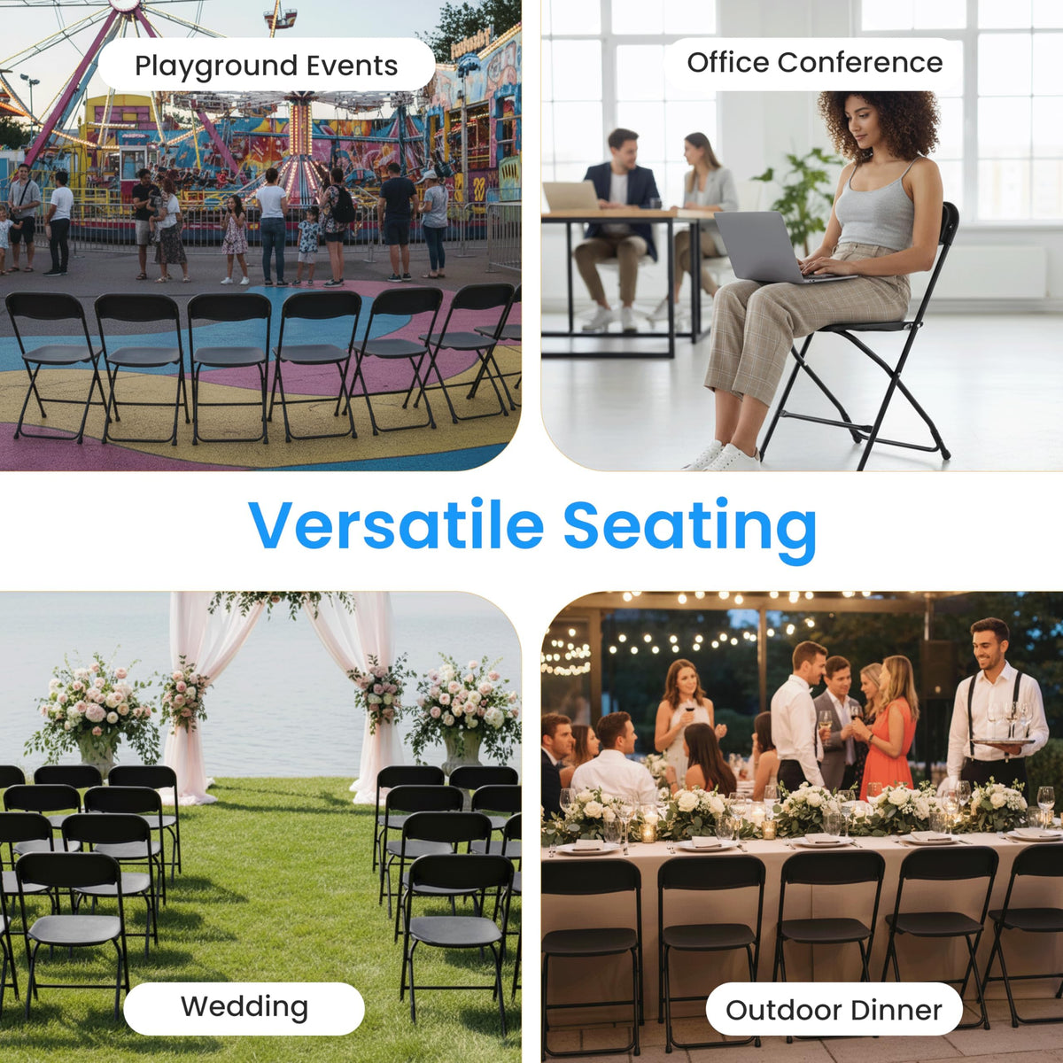 Black 10-Pack Plastic Folding Chair with Metal Frame U360295