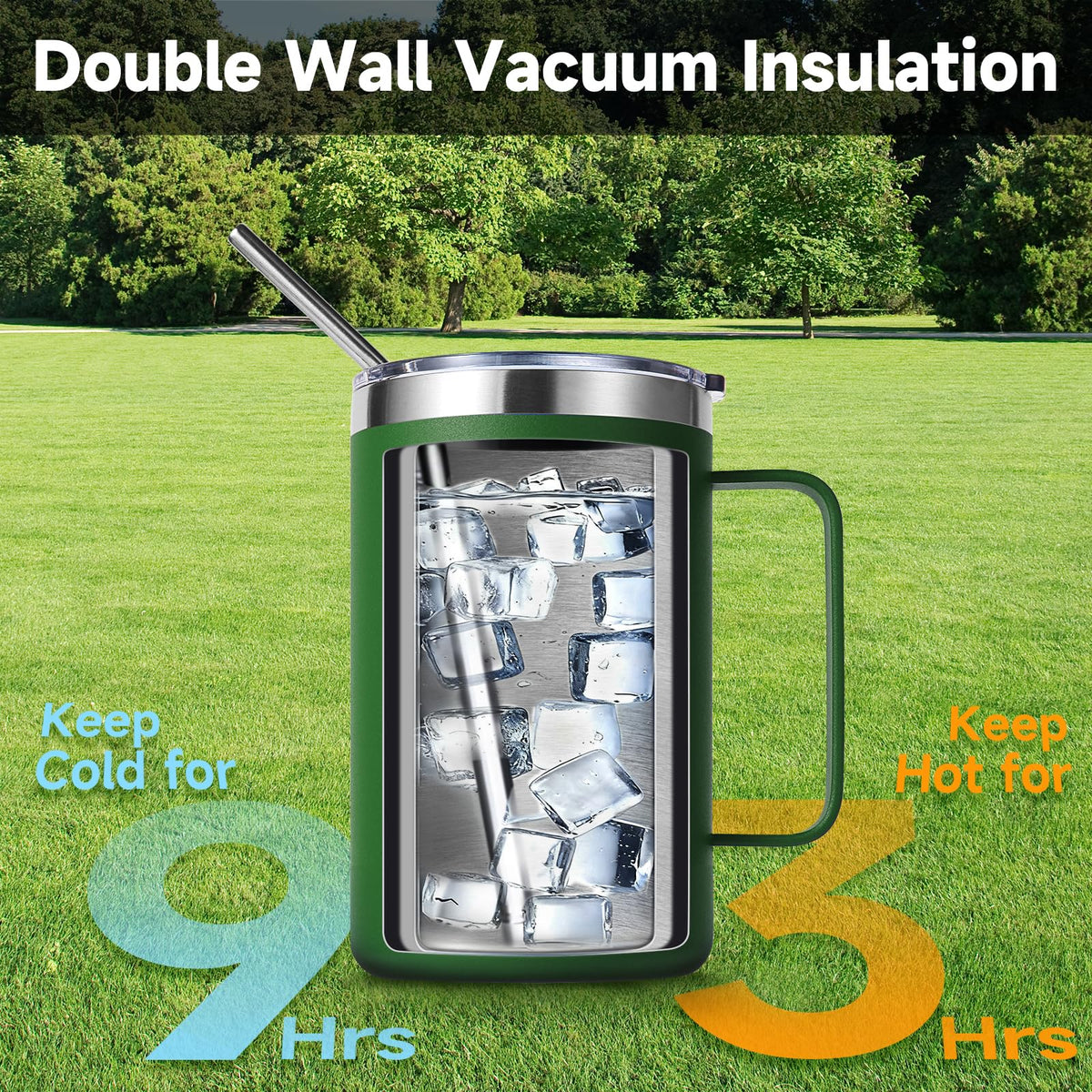 16oz Insulated Stainless Steel Coffee Mug with Lid and Straw O639109