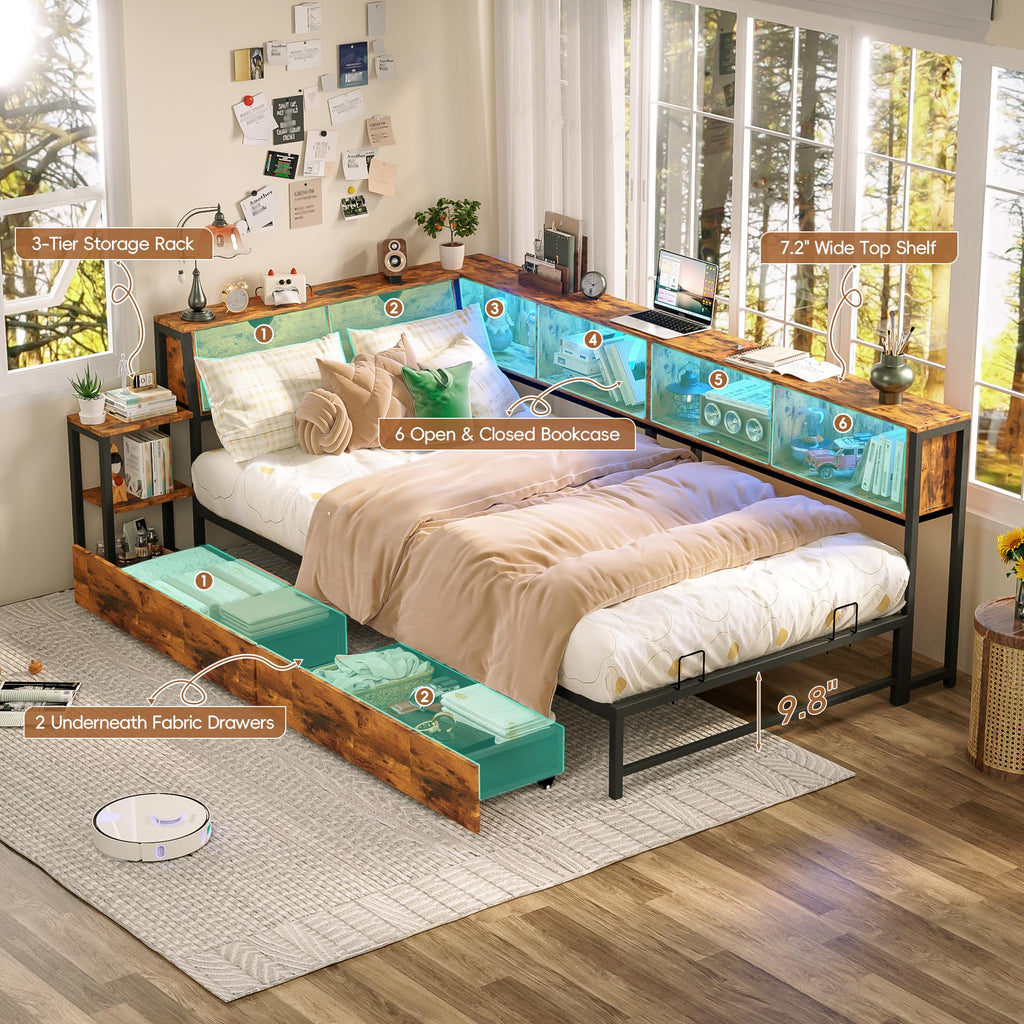 Brown Twin Corner Bed Frame with Storage Bookcase and Bedside Rack H750