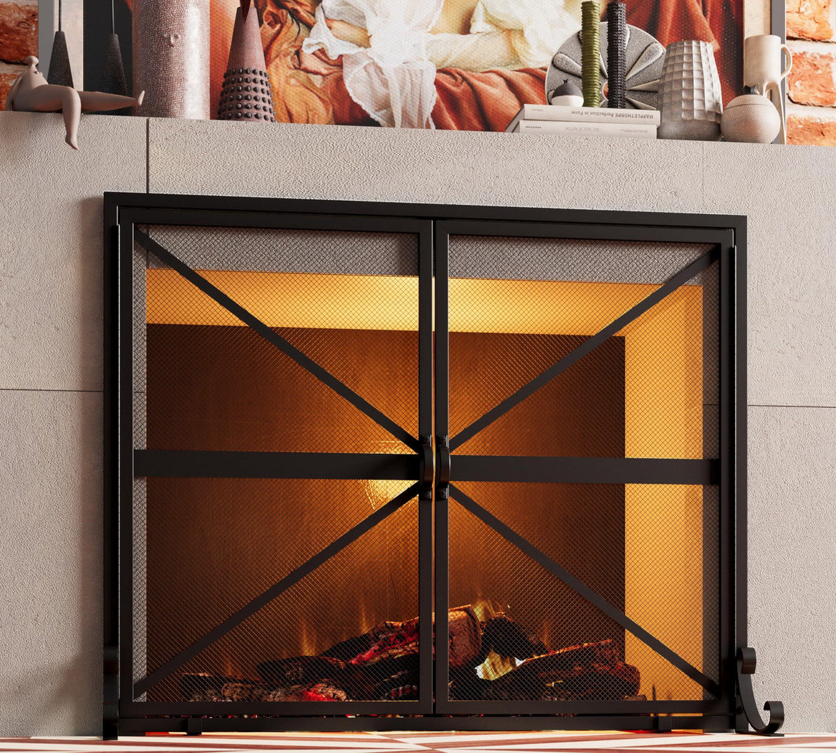 Wrought Iron Fireplace Screen with Doors E280505