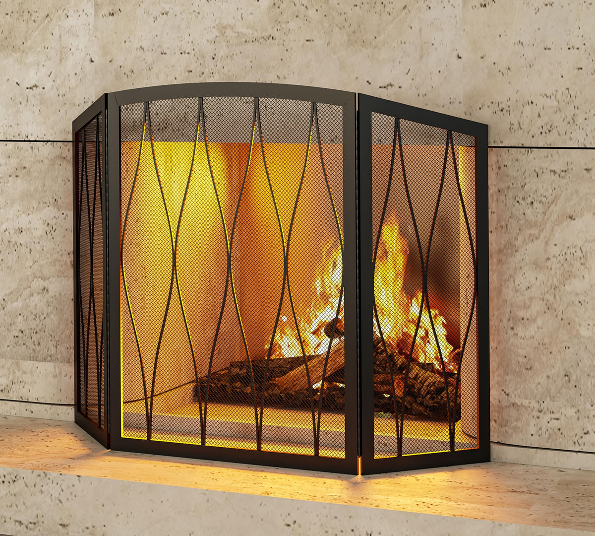 Childproof 3-Panel Wrought Iron Fireplace Screen X3928