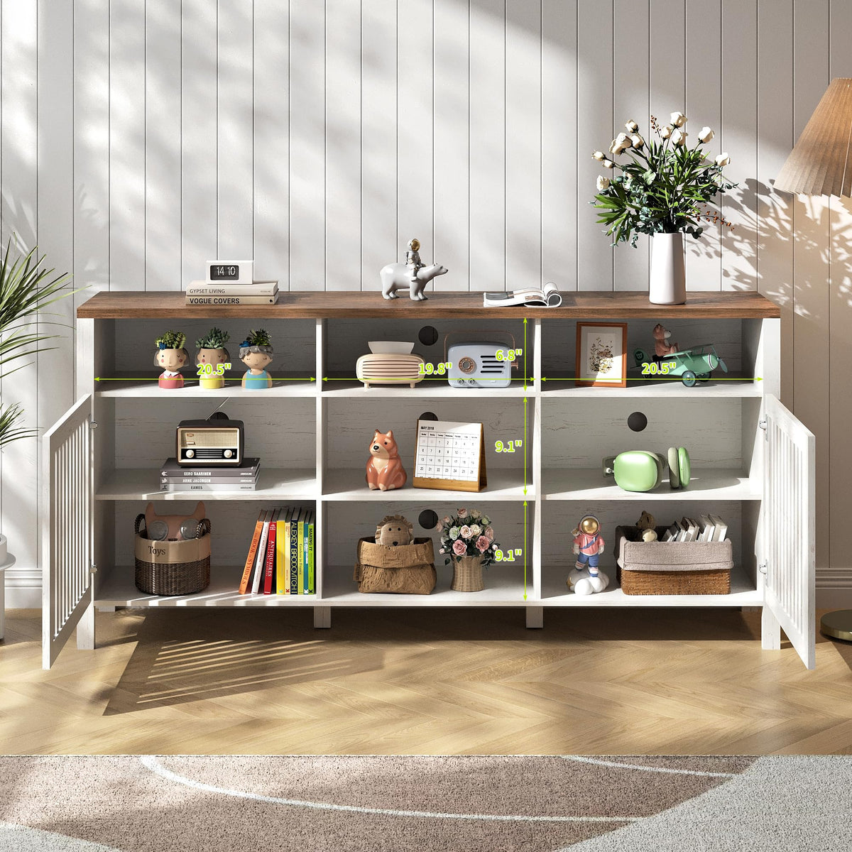 White TV Stand with Grille Doors and Adjustable Shelves J92101