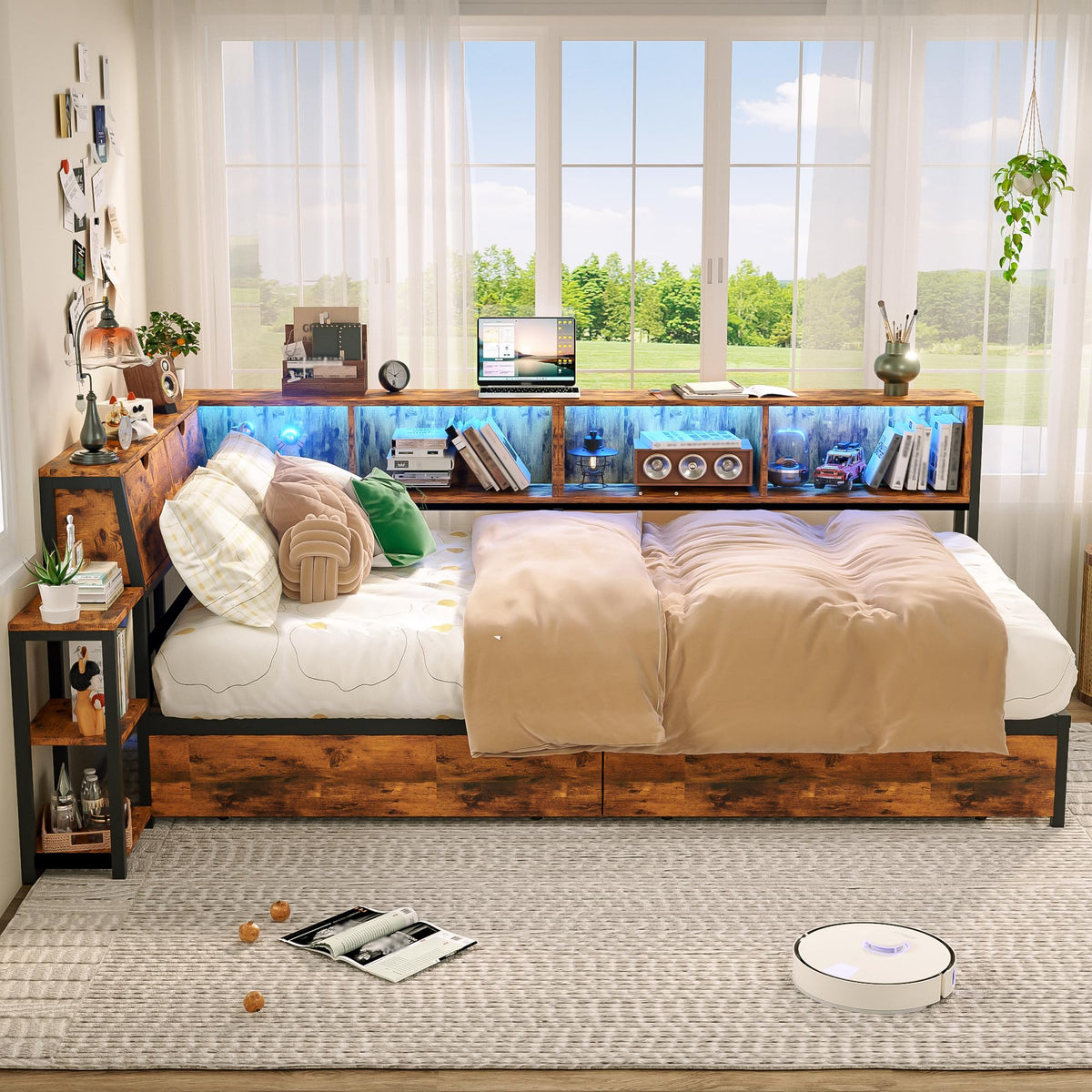 Brown Twin Corner Bed Frame with Storage Bookcase and Bedside Rack H750