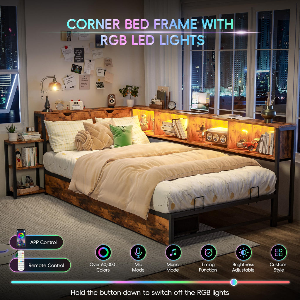 Brown Twin Corner Bed Frame with Storage Bookcase and Bedside Rack H750