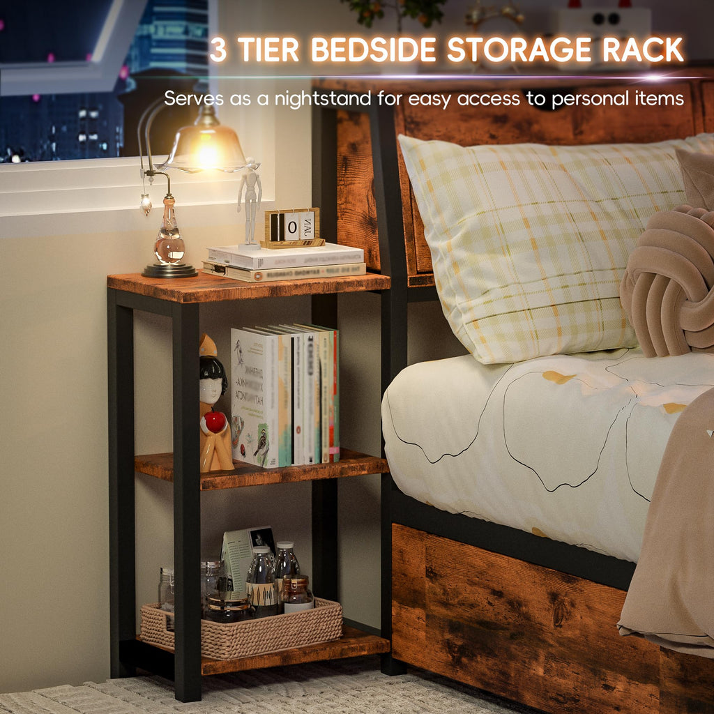 Brown Twin Corner Bed Frame with Storage Bookcase and Bedside Rack H750