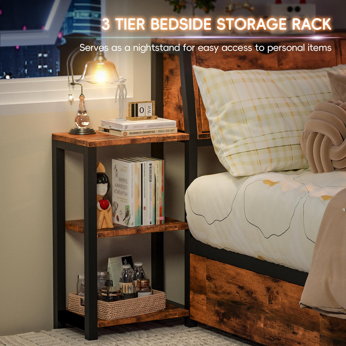 Brown Twin Corner Bed Frame with Storage Bookcase and Bedside Rack H750